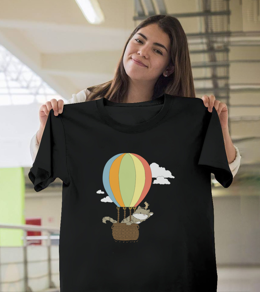 Cat Flying High in Hot Air Balloon with Kitten Kitty Friend T-Shirt