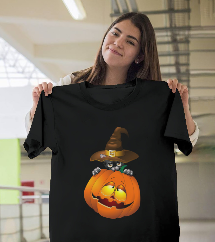 Halloween Spooky Pumpkins with Witch Hat Funny Cat Kitty T-Shirt