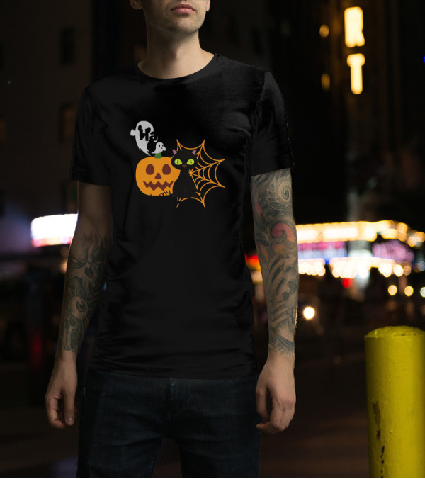 Halloween With My Cat Funny Cat Kitty Pumpkin Ghost Spiderweb T-Shirt