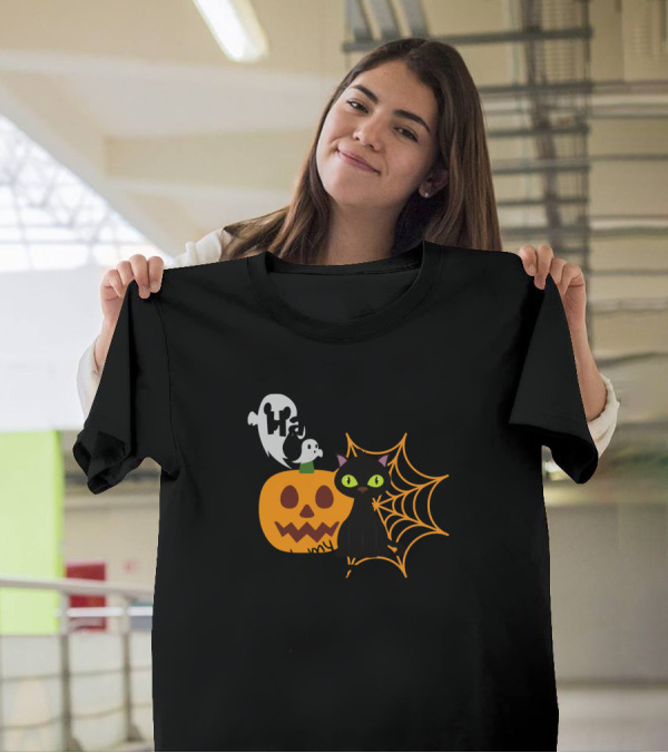 Halloween With My Cat Funny Cat Kitty Pumpkin Ghost Spiderweb T-Shirt