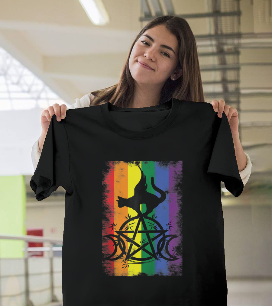 Gay Witch Pride Rainbow Flag with Triple Moon Pentacle Cat T-Shirt