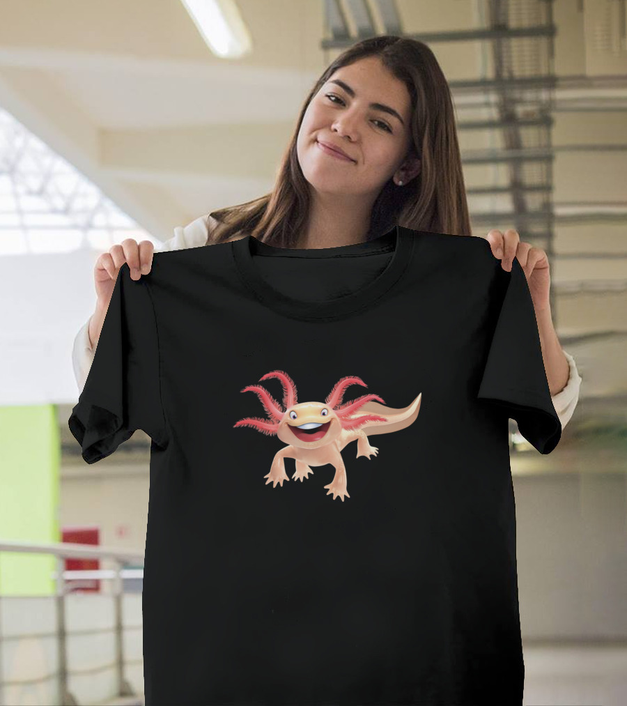 Smiling Cartoon Pink Axolotl Salamander T-Shirt