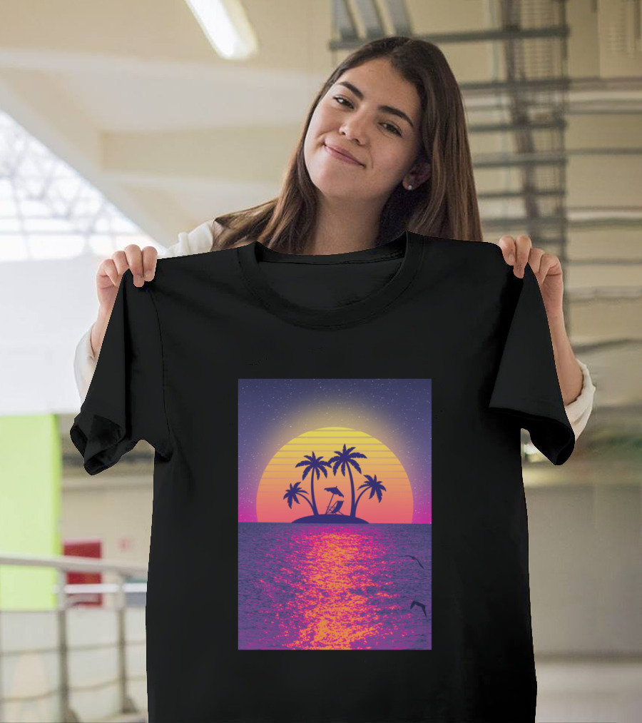 Sunset Island Tropical Paradise with Palm Trees and Vibrant Horizon T-Shirt