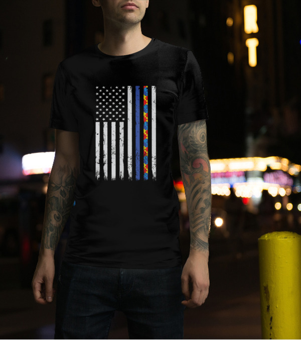 Thin Blue Line Police Support Autism American Flag 4th July T-Shirt
