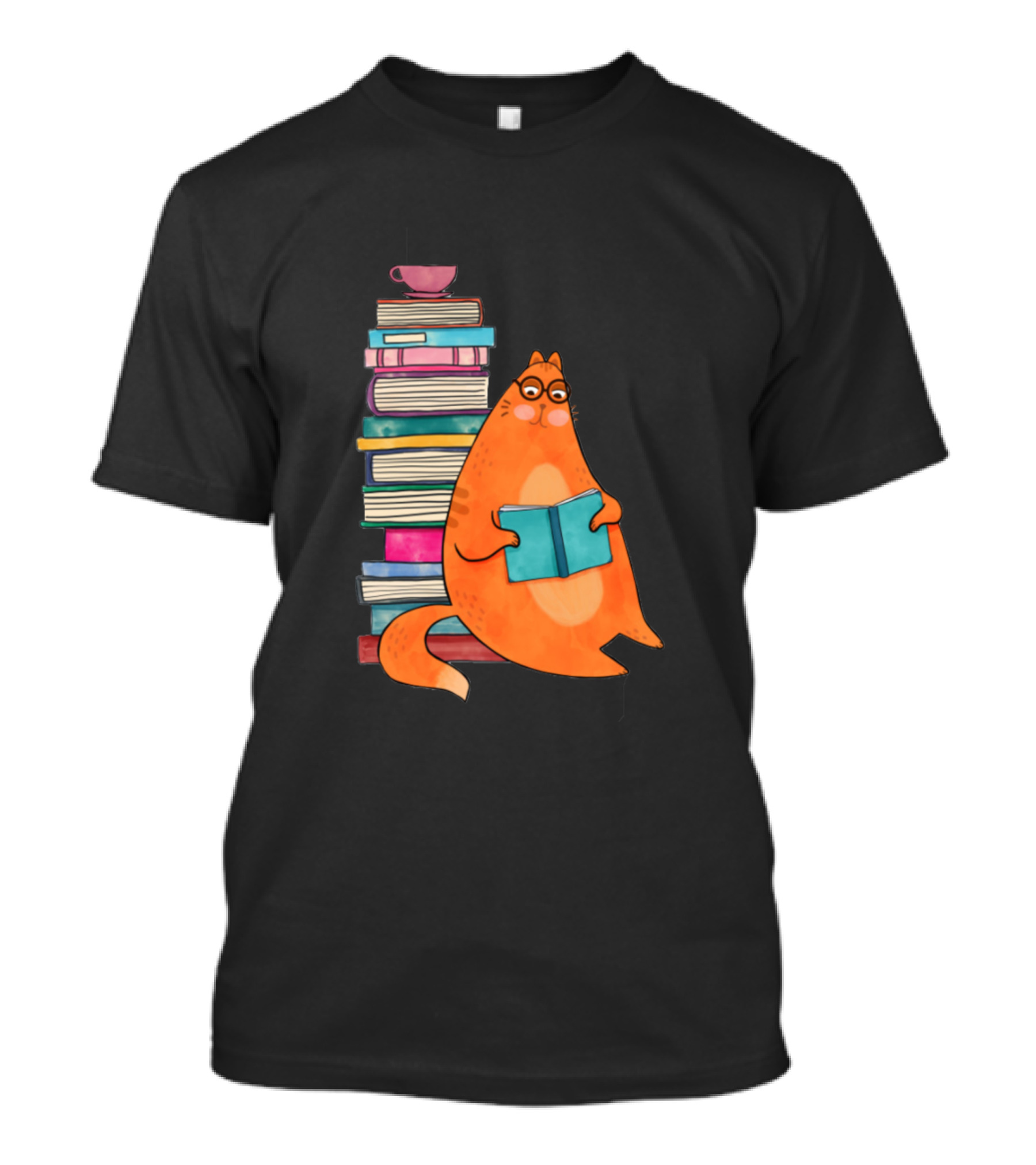 Orange Cat Reading Next To Towering Stack Of Books And Teacup T-Shirt