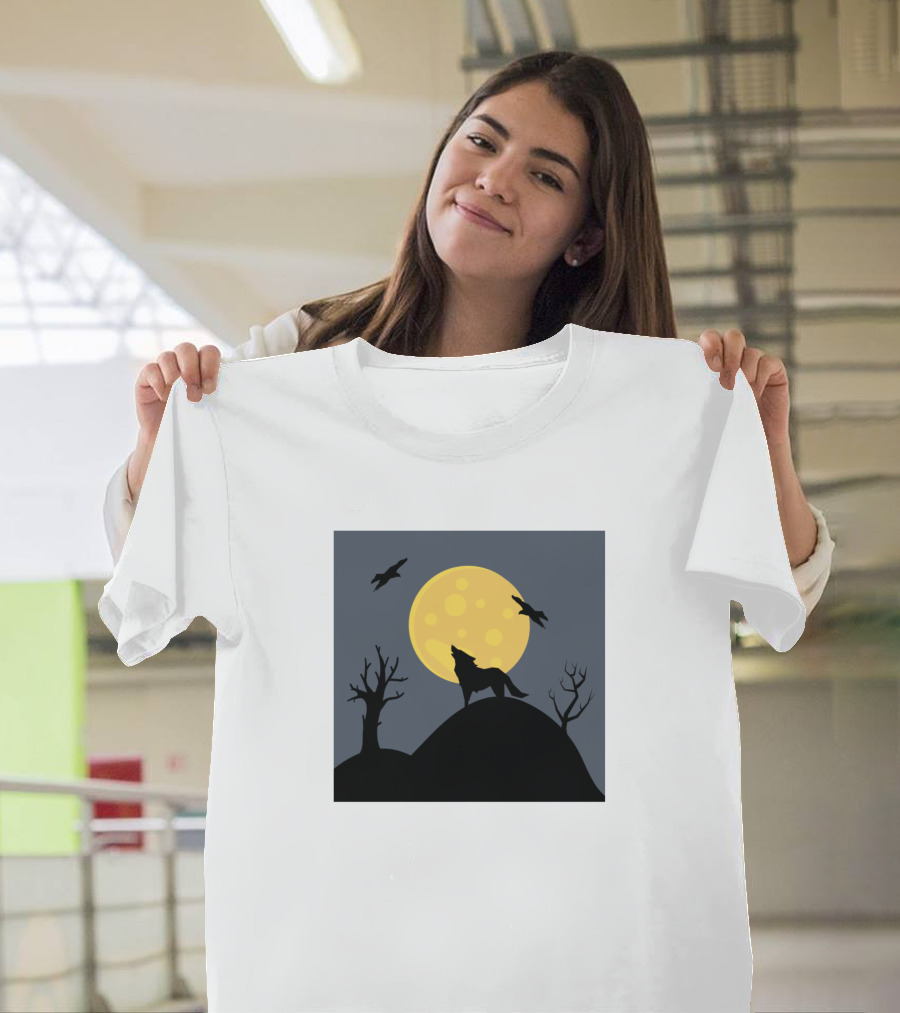 Howling Wolf Silhouette Under Full Moon with Barren Trees and Birds in Night Sky T-Shirt