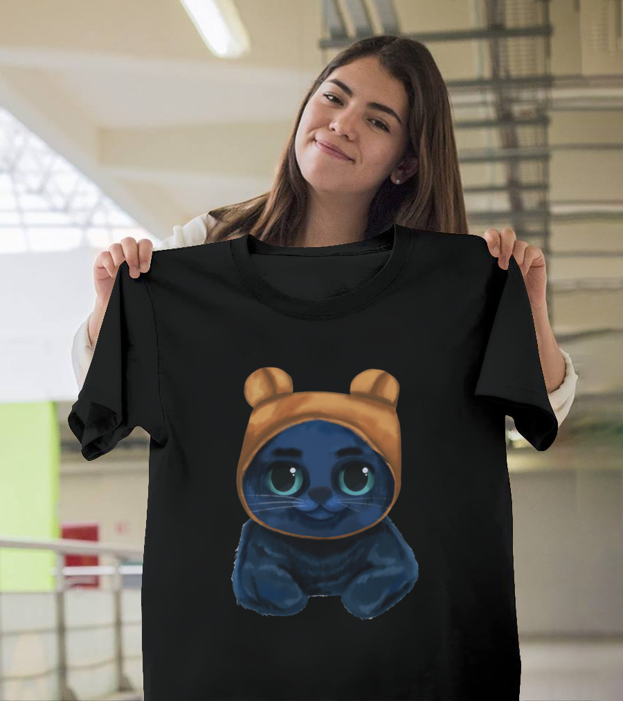 Blue Kitten Wearing Orange Hat With Ears T-Shirt