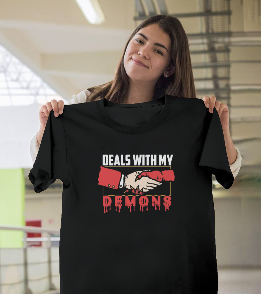 DEALS WITH MY DEMONS Handshake Red Suit Dripping Text T-Shirt