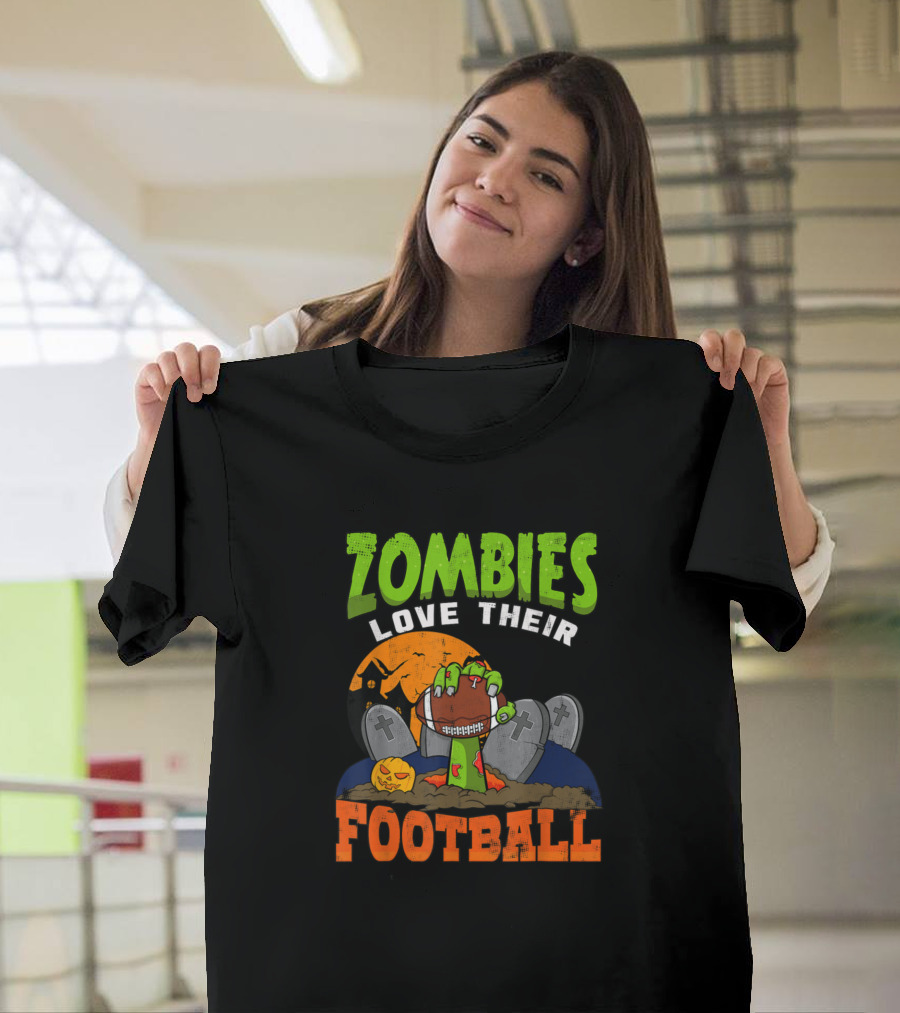 Zombies Love Their Football Halloween Graveyard Night Scene T-Shirt