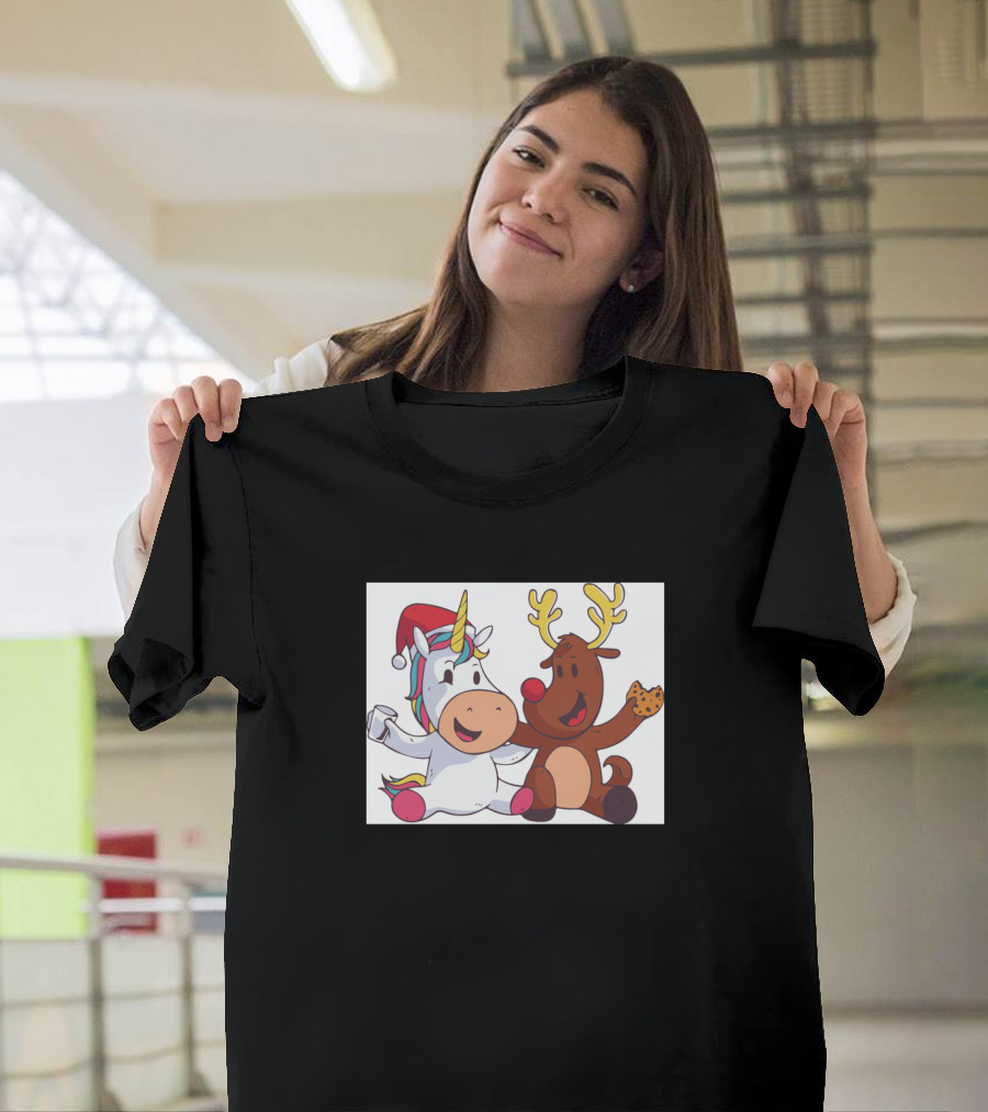 Unicorn and Reindeer Holiday Fun with Cookie and Coffee T-Shirt
