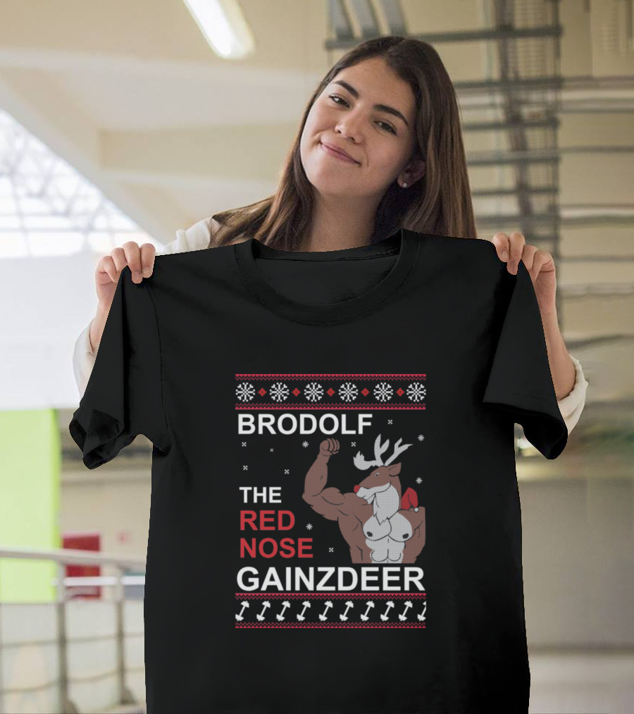 Brodolf The Red Nose Gainzdeer Snowflakes Muscular Reindeer Flexing with Dumbbells T-Shirt