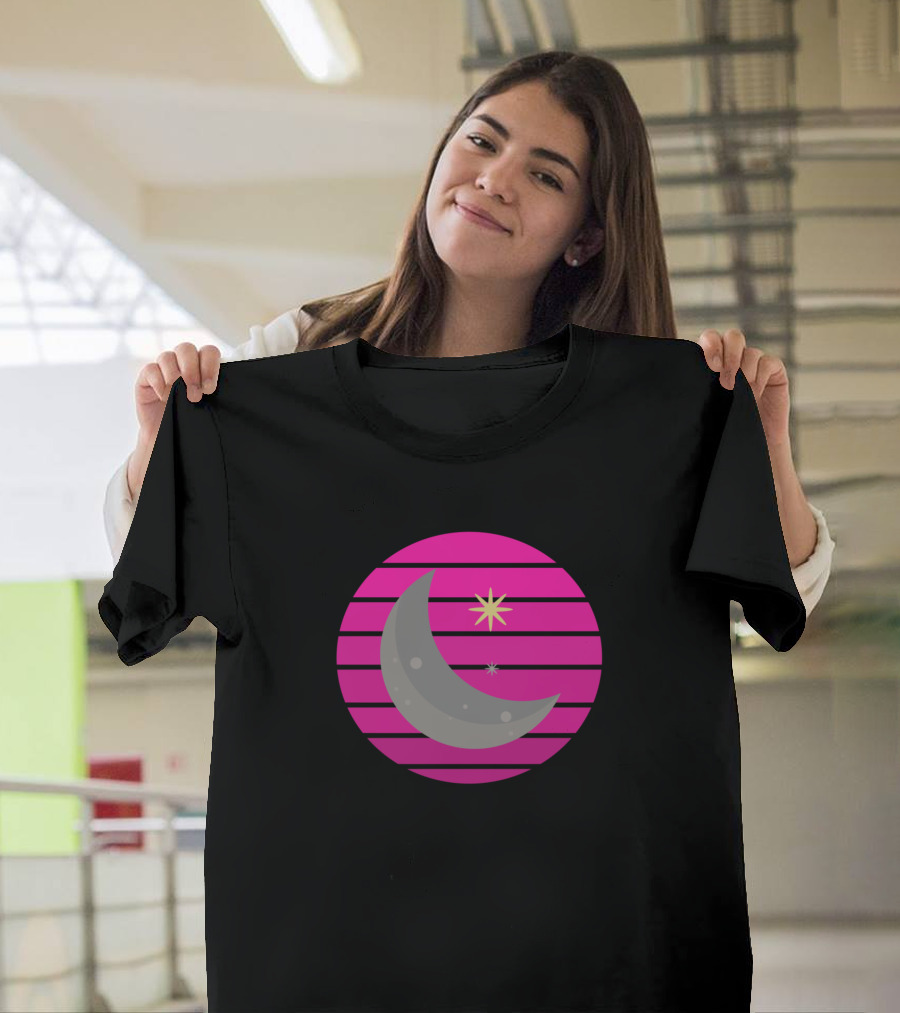 Retro Pink Moon and Star on Black Striped Circle T-Shirt