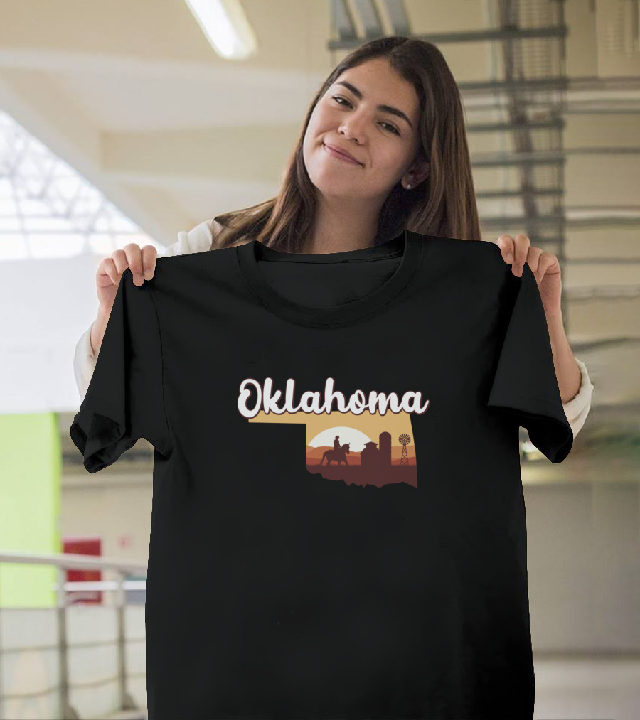 Oklahoma Map Cowboy Horse Riding Barn Windmill Scene T-Shirt
