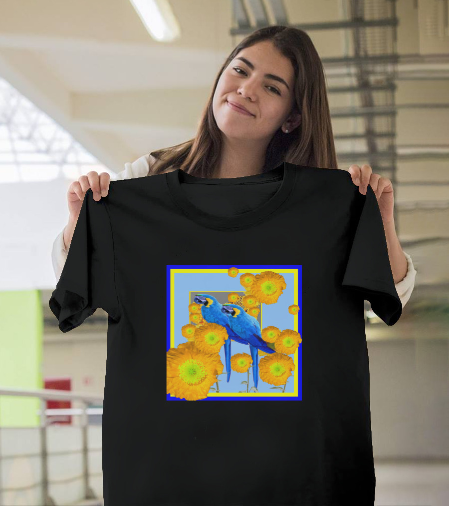 Poppy Parrots Blue and Yellow Macaws Among Bright Flowers T-Shirt