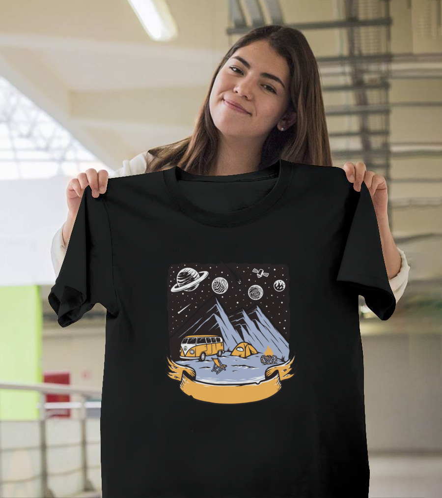 Camping Is My Adventure Novelty Graph with Space Elements and Retro Van Scene T-Shirt