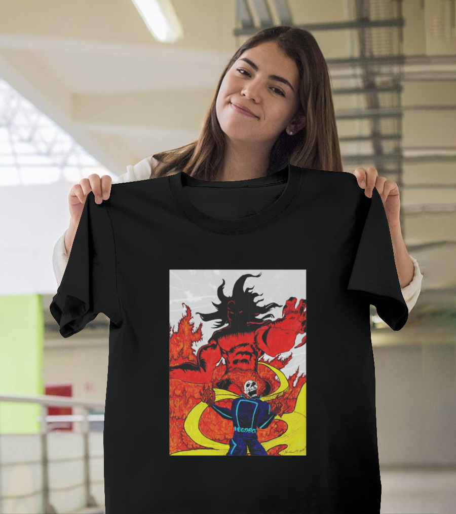 Ghost Rider Battling Fiery Demon with Skull Face and Flaming Background T-Shirt