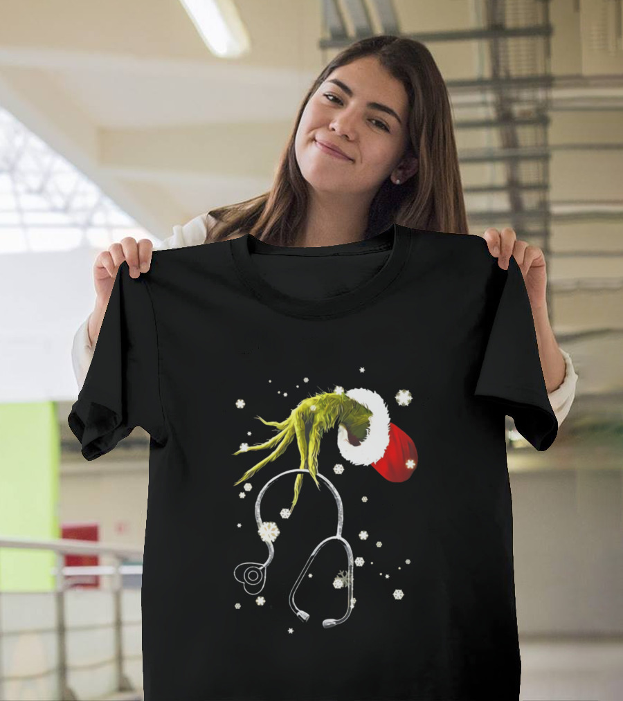 Grinch Christmas Santa Hat Stethoscope Snowflakes T-Shirt