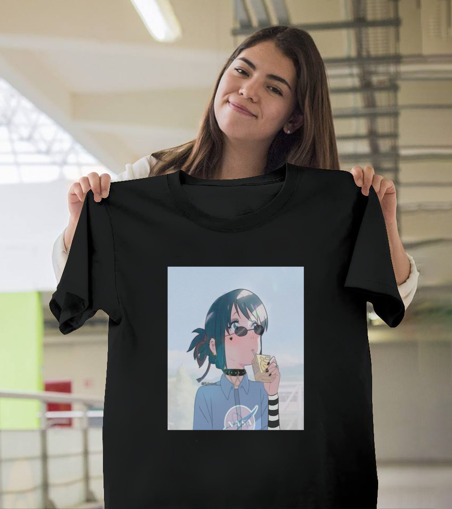 Mitsuha Miyamizu Anime Character Wearing NASA Shirt with Striped Sleeves and Sunglasses Eating Snack T-Shirt