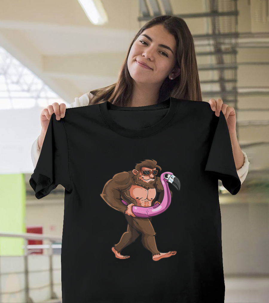 Pool Party Bigfoot Pink Flamingo Float Sasquatch T-Shirt