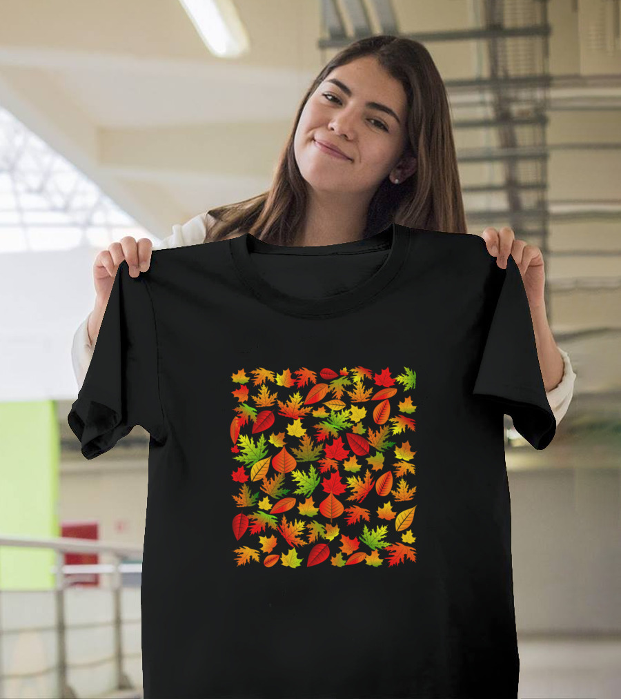 Autumn Fall Colorful Leaves Pattern with Maple and Oak Shapes T-Shirt