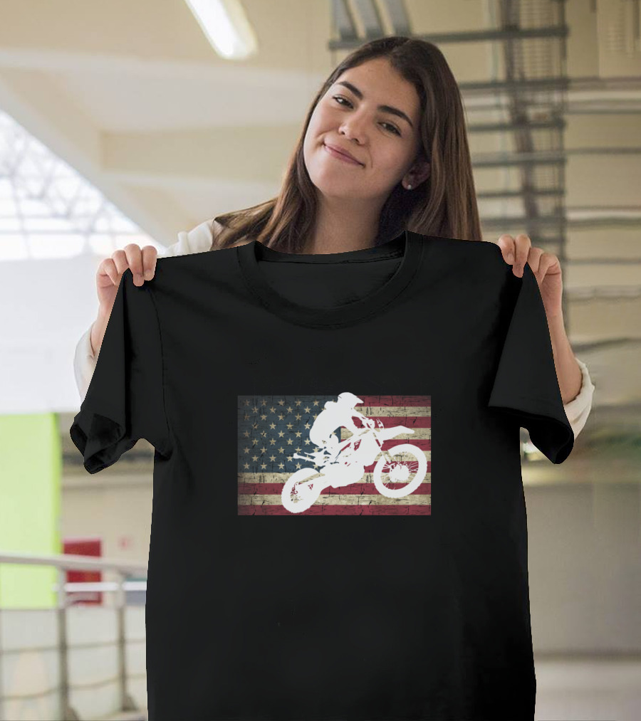 Dirt Bike Rider Distressed American Flag Moto Enthusiast T-Shirt