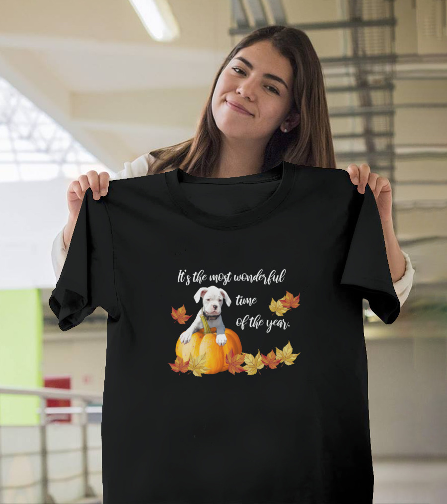 Halloween Boxer Puppy It's The Most Wonderful Time Of The Year Pumpkin Leaves T-Shirt