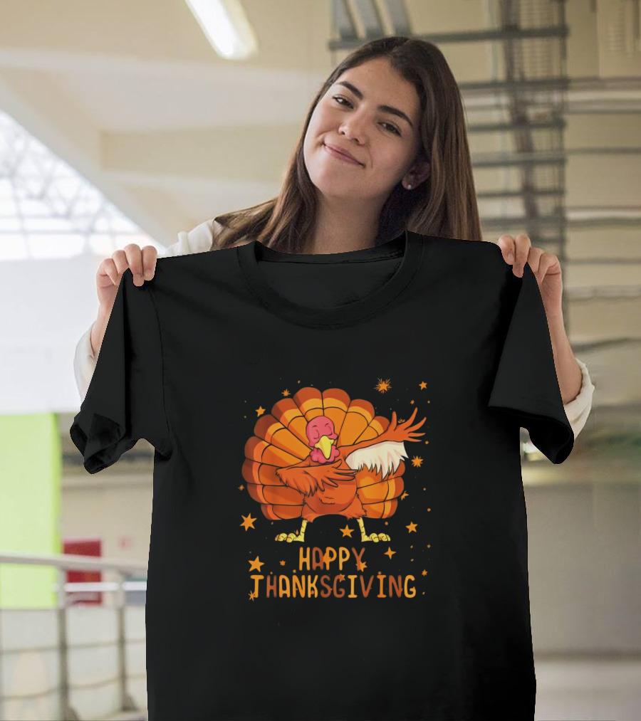 Happy Thanksgiving Kids Dabbing Turkey with Stars T-Shirt