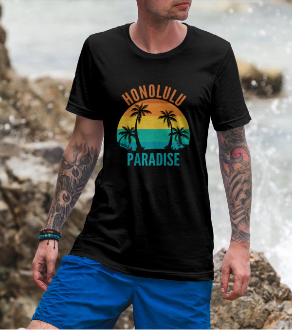 HONOLULU PARADISE PALM TREE SUNSET STRIPES T-Shirt