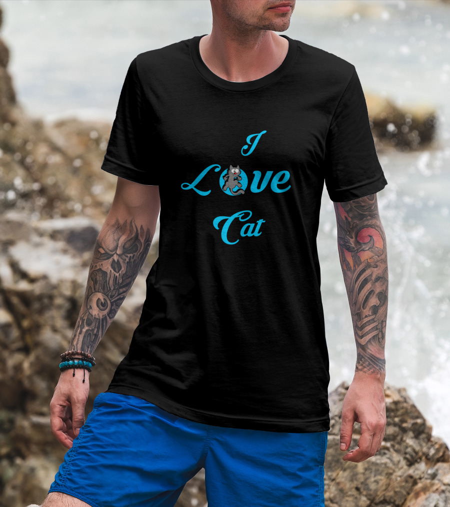 I Love Cat With Cartoon Cat In Blue Letters T-Shirt