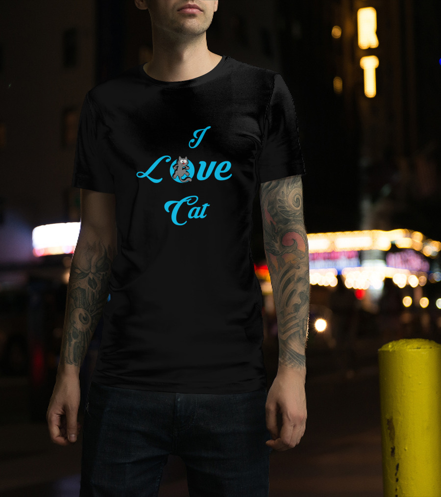 I Love Cat With Cartoon Cat In Blue Letters T-Shirt