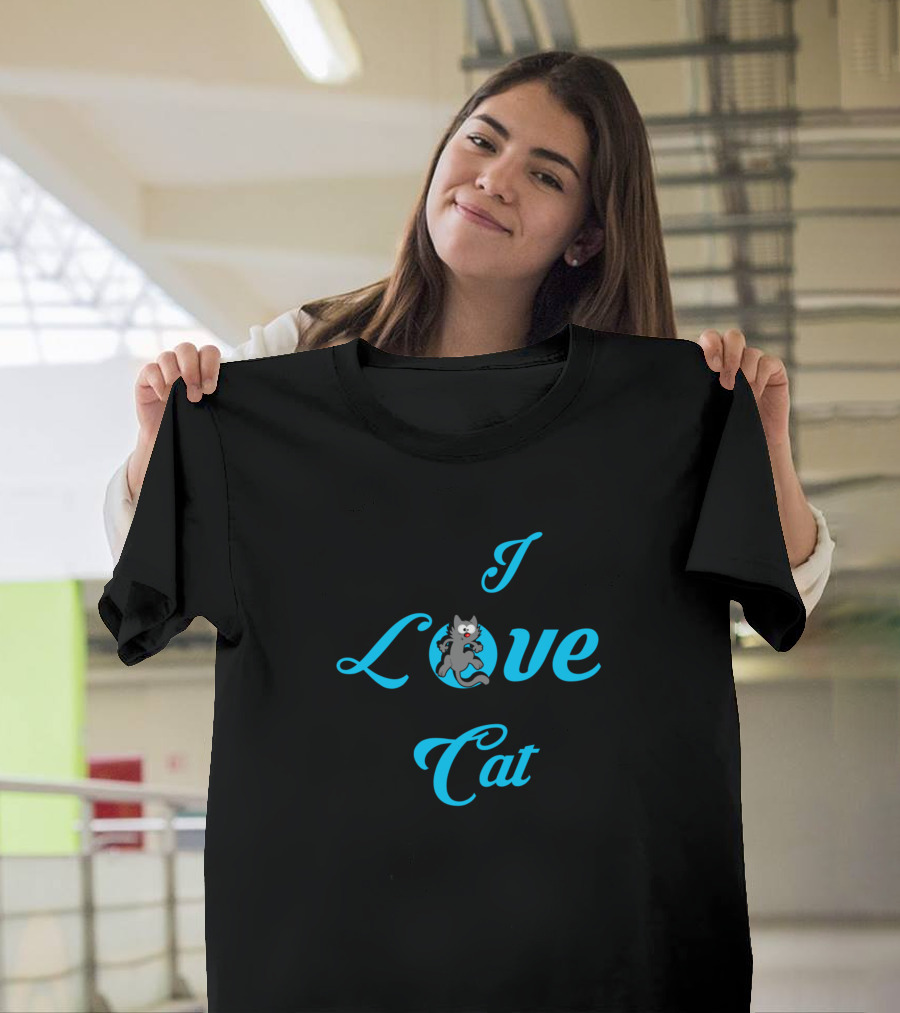I Love Cat With Cartoon Cat In Blue Letters T-Shirt