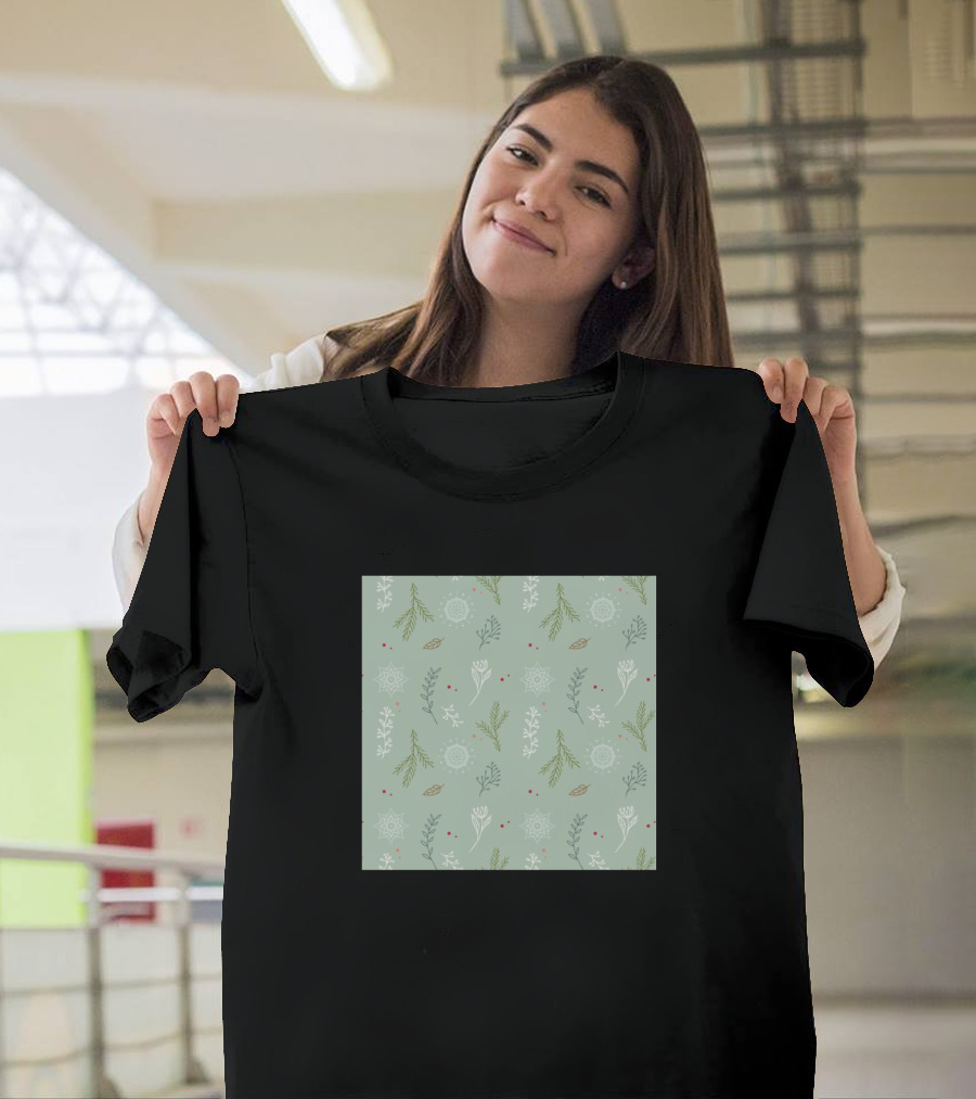 Christmas Seamless Simple Green White Red with Snowflakes and Leaves T-Shirt