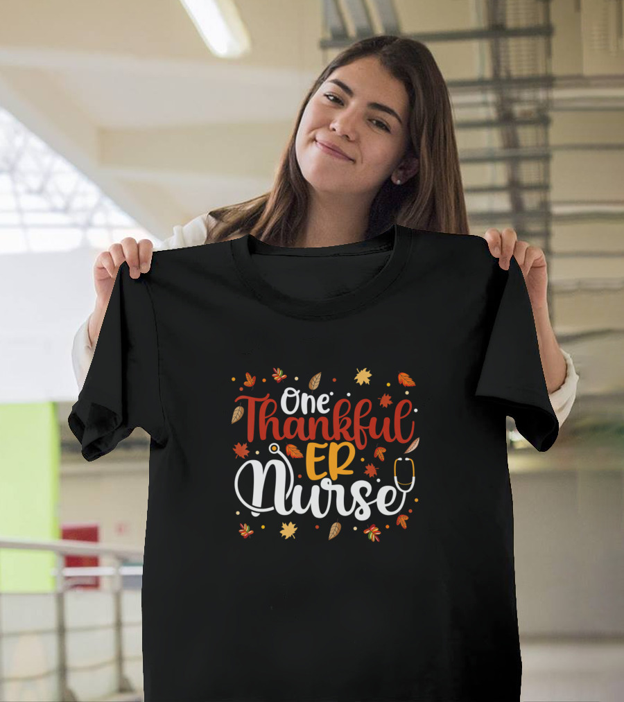 One Thankful ER Nurse Autumn Leaves Stethoscope T-Shirt