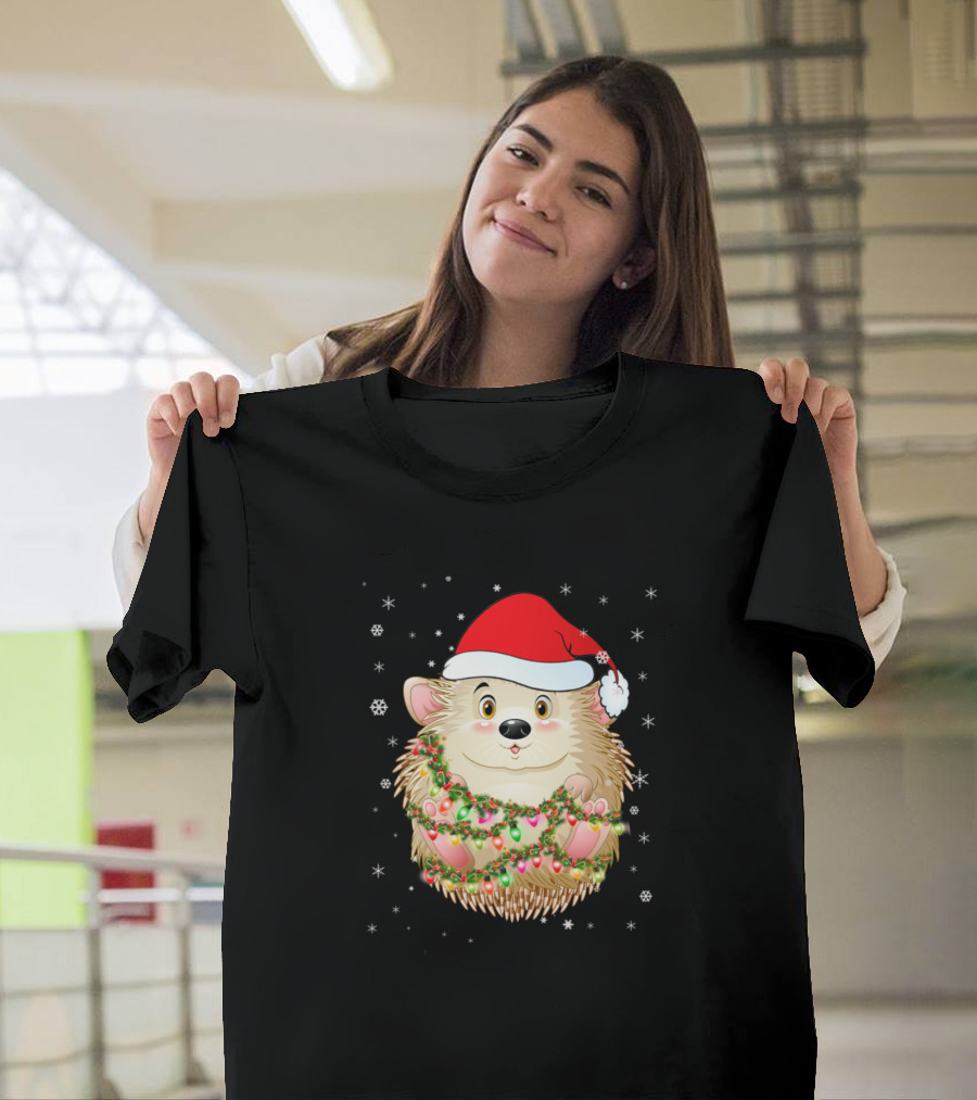 Porcupine Light Christmas Holiday Hedgehog Santa Hat Snowflakes T-Shirt
