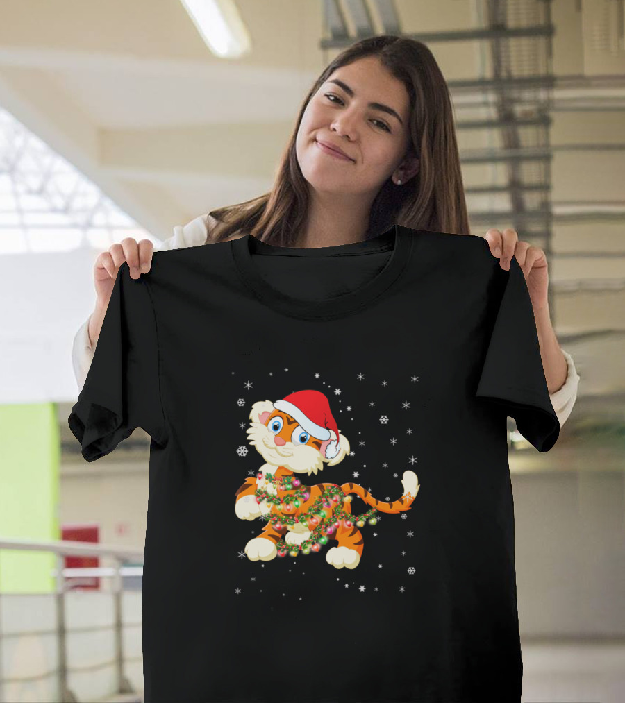 Christmas Tiger with Santa Hat and Holiday Lights T-Shirt