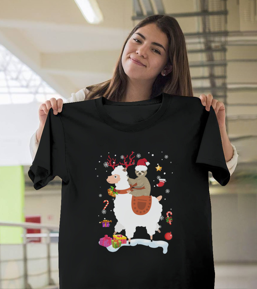 Merry Christmas Llama with Reindeer Antlers and Santa Sloth with Gifts and Candy Canes T-Shirt