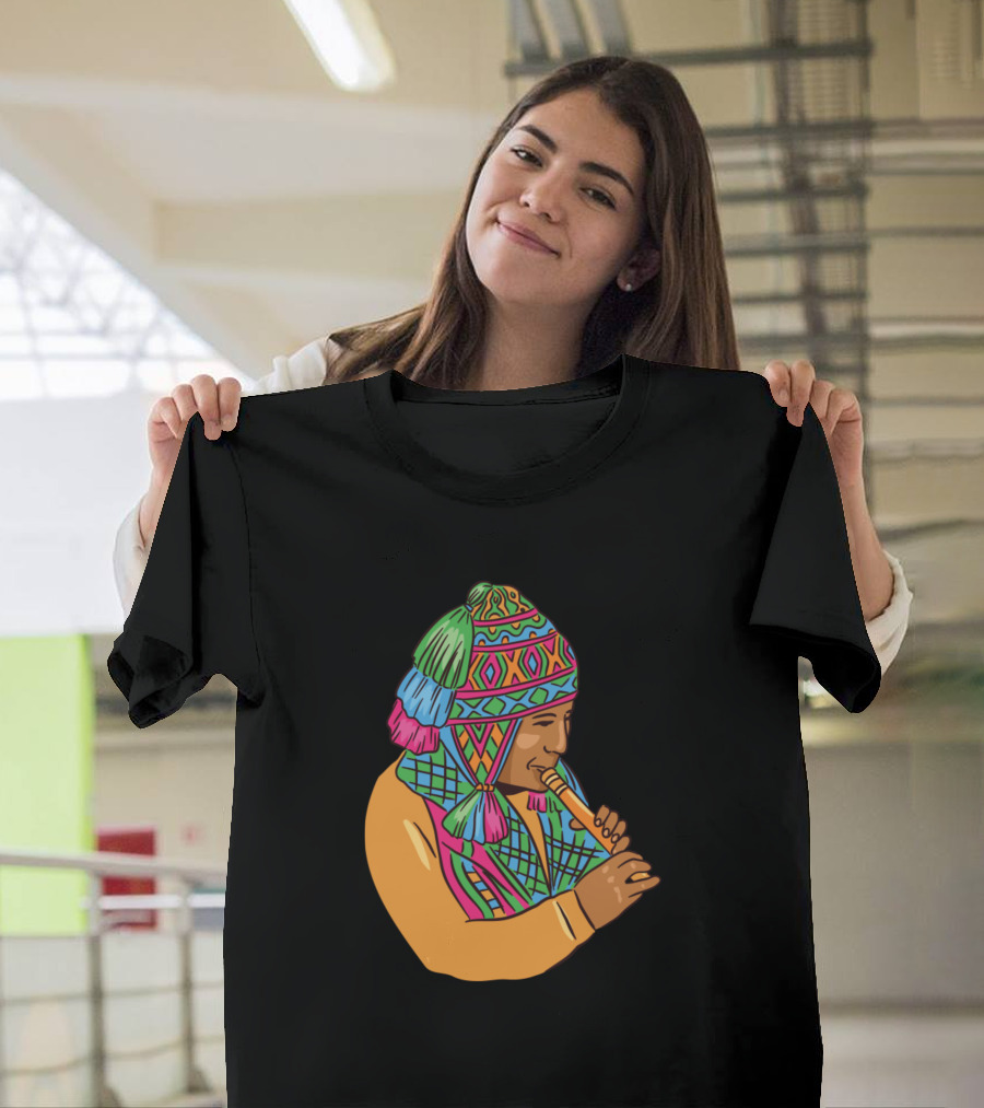 Peruvian Musician Playing Traditional Andean Pan Flute In Colorful Attire T-Shirt