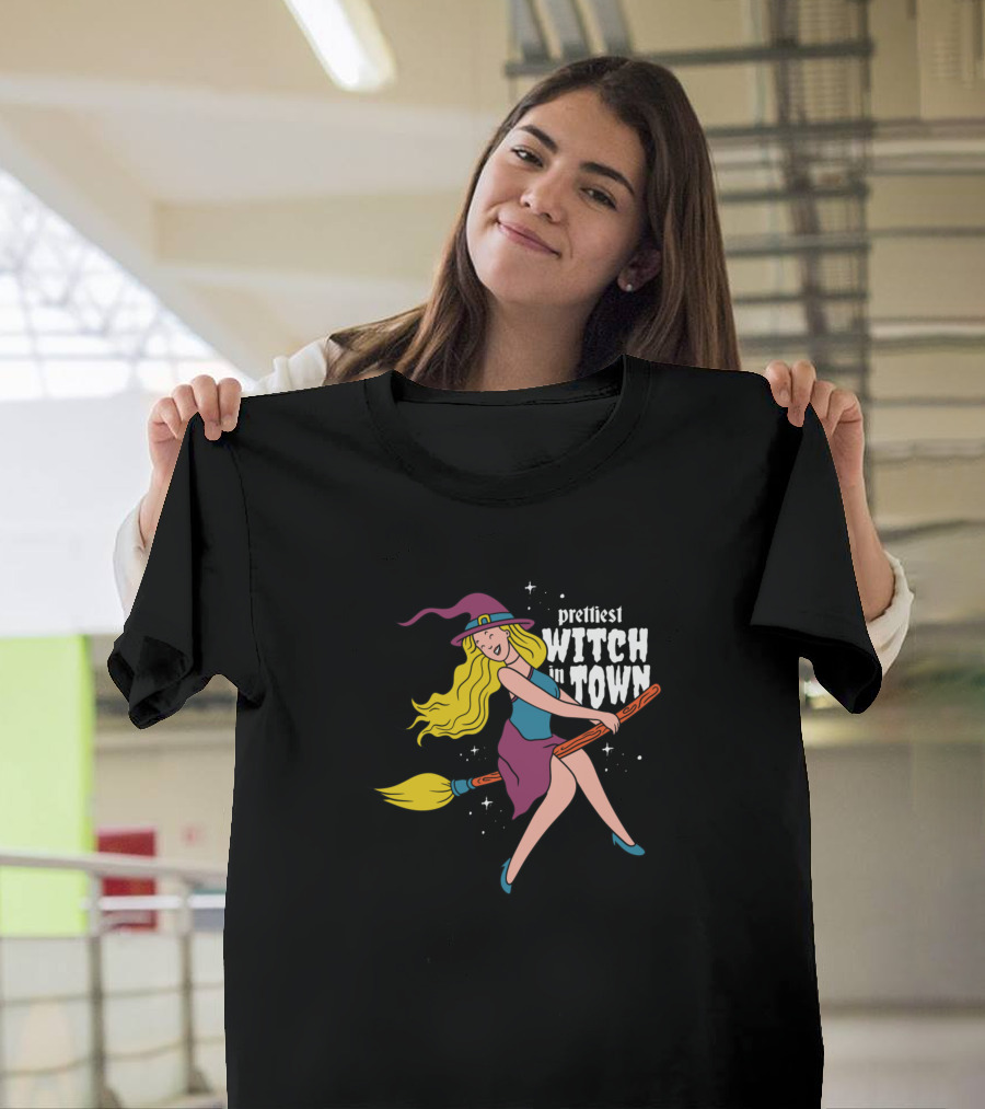 Prettiest Witch in Town Flying with Broomstick and Hat T-Shirt