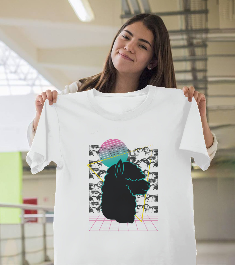 Retro Vaporwave Cartoon Alpaca Neon Aesthetic T-Shirt