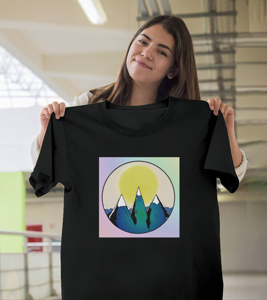 Sun and Blue Mountain Circle with Pastel Background T-Shirt