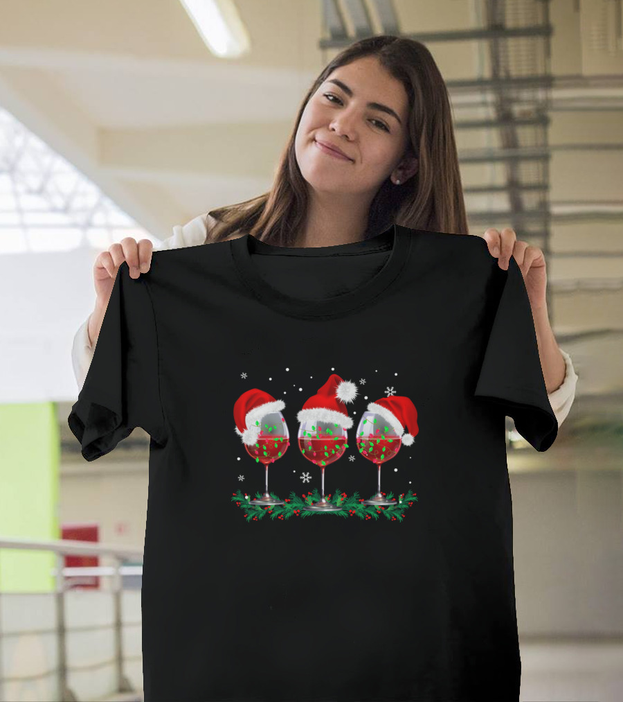 Three Glasses of Wine with Christmas Lights and Santa Hat Holiday Cheer T-Shirt