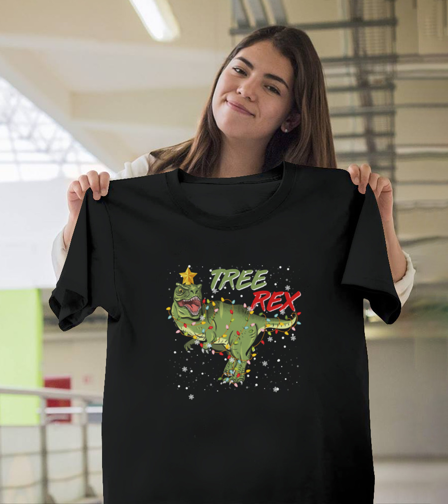 Tree Rex Dinosaur Christmas Snow Lights T-Shirt
