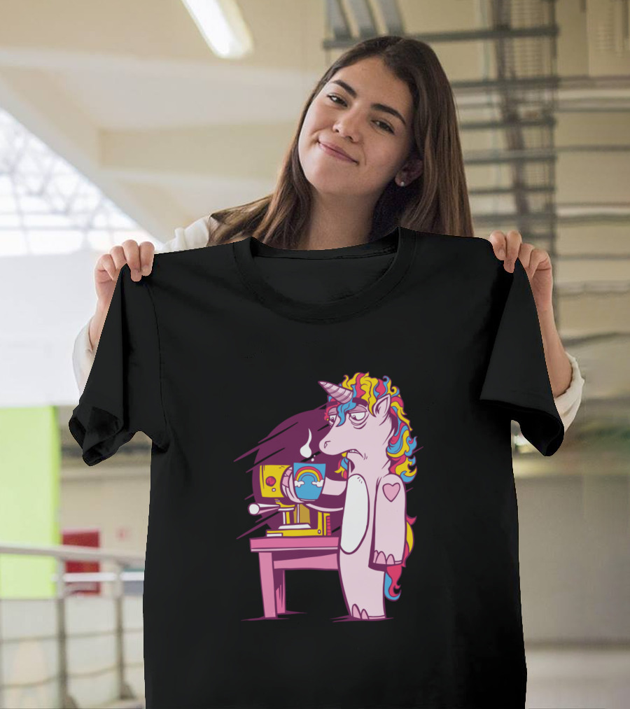 Unicorn with Rainbow Hair Holding Coffee by Espresso Machine T-Shirt