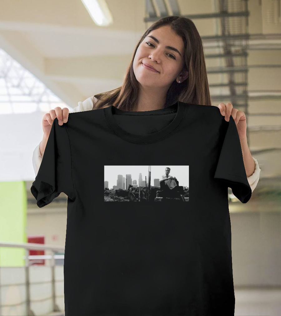 Falling Down Cityscape Scene with Man Sitting T-Shirt