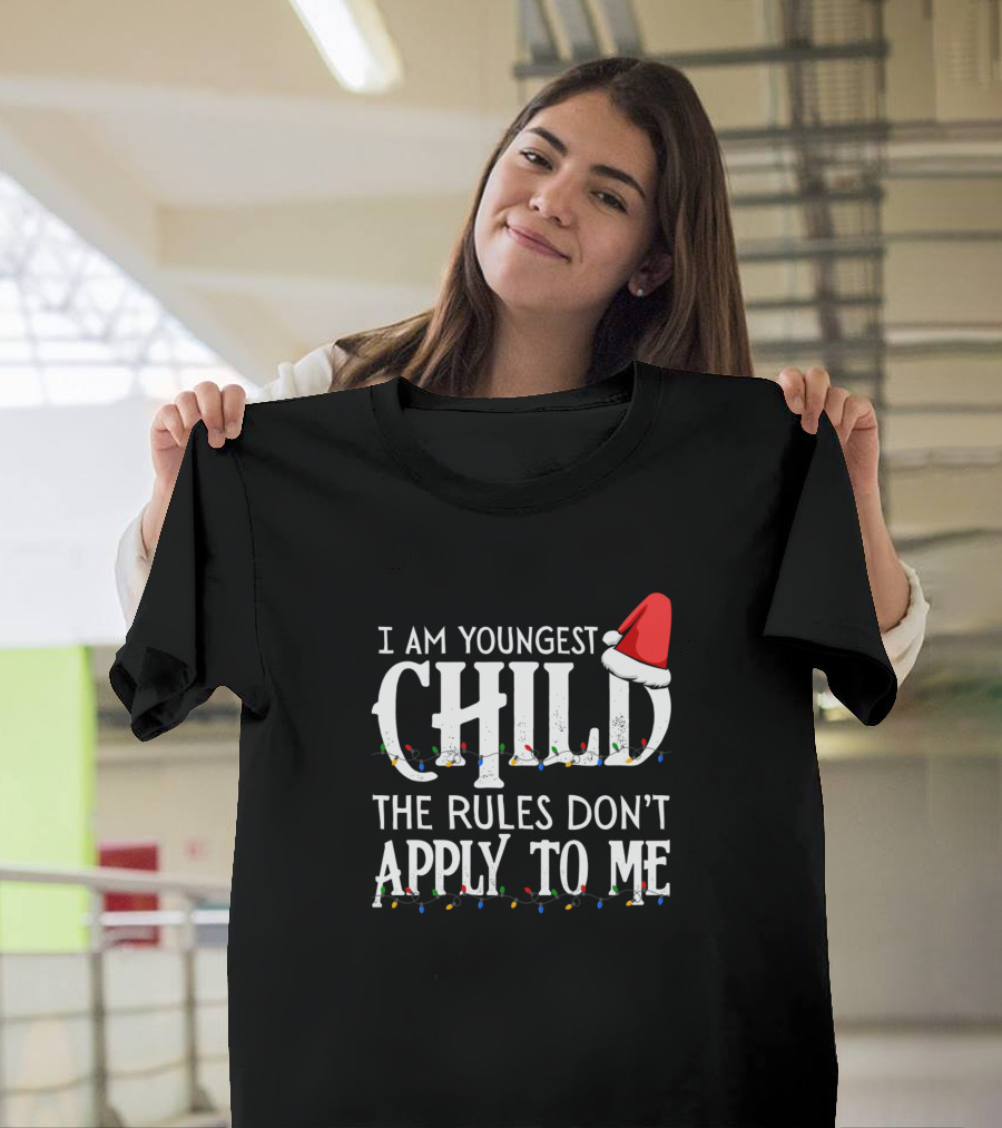 I Am Youngest Child The Rules Don’t Apply To Me Santa Hat Christmas Lights T-Shirt