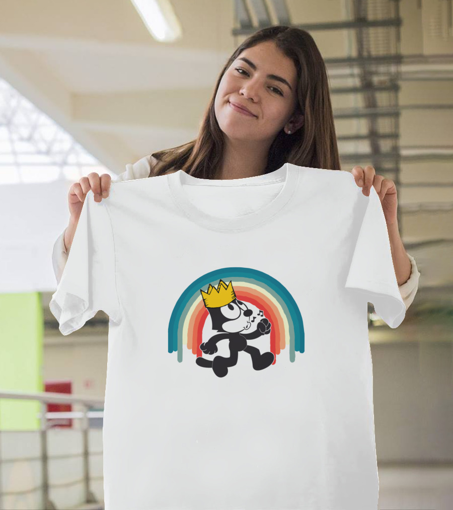 King The Cat Rainbow Crowned Cartoon Feline Under Multicolor Arch T-Shirt