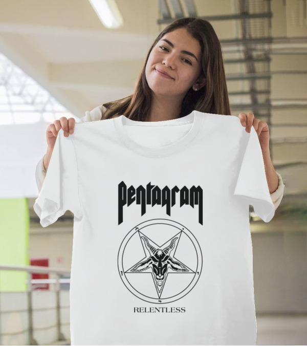 Pentagram Relentless Band Symbol With Goat Head In Circle T-Shirt