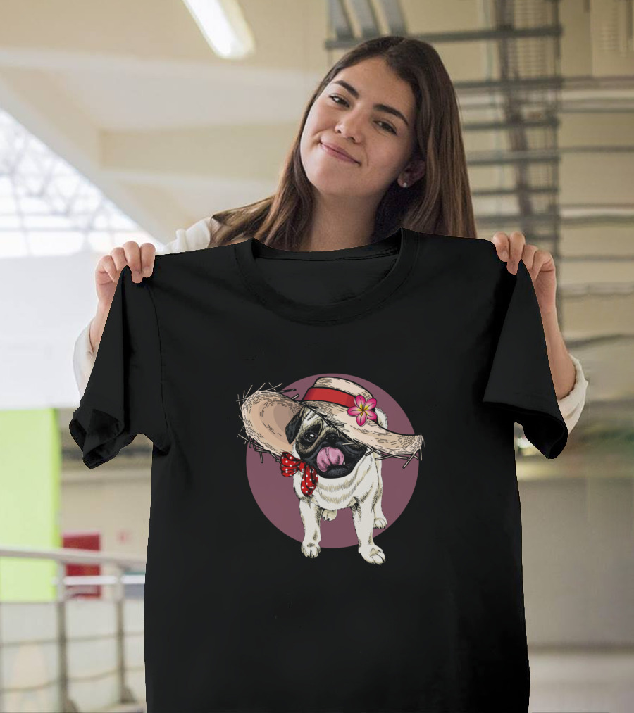 Pug Dog Straw Hat Flower Polka Dot Bow Circle Background T-Shirt