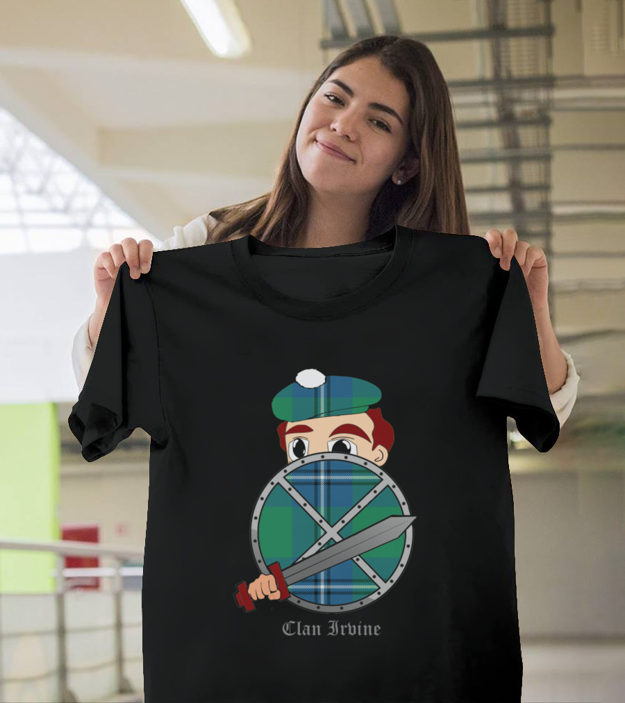 Clan Irvine Tartan Plaid Warrior Shield and Sword T-Shirt