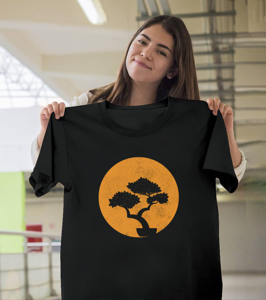 Bonsai Tree Japanese Tradition Orange Sunset Circle T-Shirt